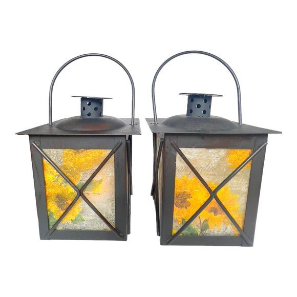 Artisan Crafted Metal Lantern Decoupaged Sunflower Paper Set of 2 One of a Kind - Picture 1 of 12